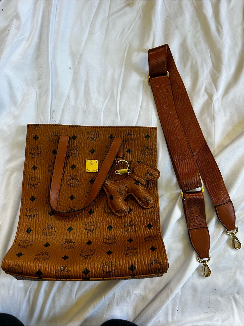 MCM Cognac Monogram Leather Tote with Detachable Shoulder Strap